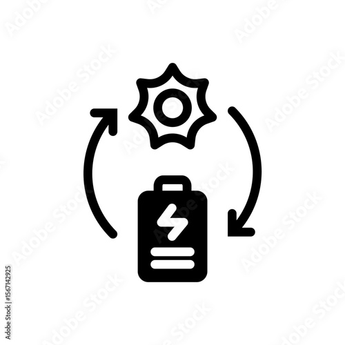 Icon Glyph rechargeable battery powered by sun energy. Free energy, ecology, renewable, green energy and solar power plant concept. Black and Semi Solid icon.