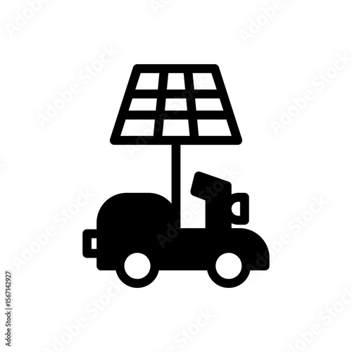 Icon Glyph electric motorbike powered by solar panel. Free energy, ecology, renewable, green energy and solar power plant concept. Black and Semi Solid icon.