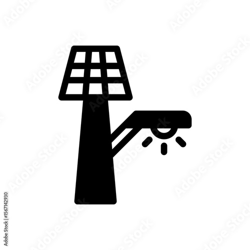 Icon Glyph street light powered by solar panel. Free energy, ecology, renewable, green energy and solar power plant concept. Black and Semi Solid icon.
