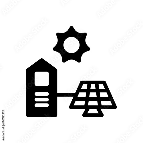 Icon Glyph house powered by solar panel. Free energy, ecology, renewable, green energy and solar power plant concept. Black and Semi Solid icon.