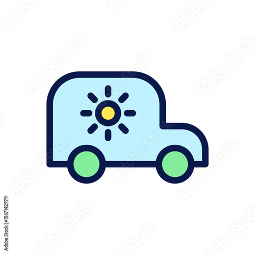 Icon Flat Outline solar powered electric car with sun symbol. Free energy, ecology, renewable, green energy and solar power plant concept. Colourful and Line color icon.