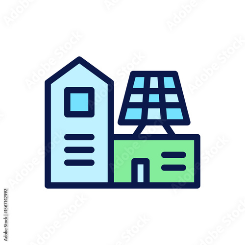Icon Flat Outline green house powered by solar panel. Free energy, ecology, renewable, green energy and solar power plant concept. Colourful and Line color icon.