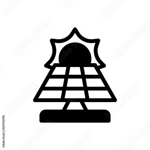 Icon Glyph sun and solar panel. Free energy, ecology, renewable, green energy and solar power plant concept. Black and Semi Solid icon.