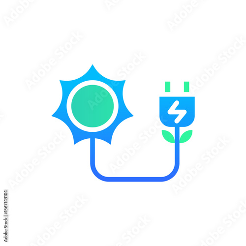 Icon Flat Gradient plug in charge energy powered by sun energy. Free energy, ecology, renewable, green energy and solar power plant concept. Gradient blue and Flat icon.