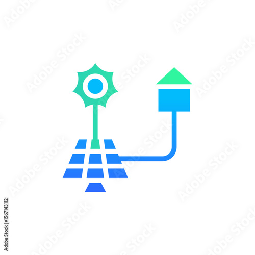 Icon Flat Gradient house powered by solar sun energy. Free energy, ecology, renewable, green energy and solar power plant concept. Gradient blue and Flat icon.