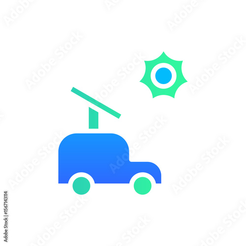 Icon Flat Gradient electric car powered by solar panel. Free energy, ecology, renewable, green energy and solar power plant concept. Gradient blue and Flat icon.