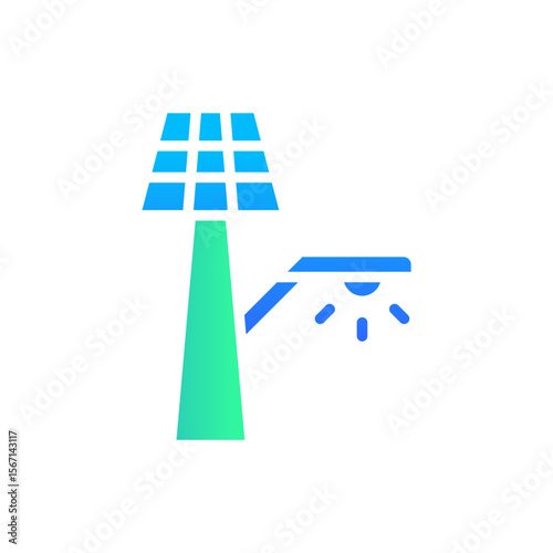 Icon Flat Gradient street light powered by solar panel. Free energy, ecology, renewable, green energy and solar power plant concept. Gradient blue and Flat icon.