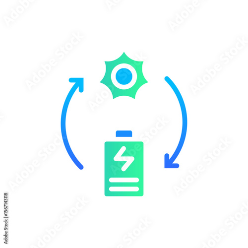 Icon Flat Gradient rechargeable battery powered by sun energy. Free energy, ecology, renewable, green energy and solar power plant concept. Gradient blue and Flat icon.