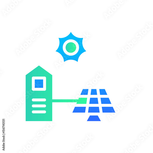 Icon Flat Gradient house powered by solar panel. Free energy, ecology, renewable, green energy and solar power plant concept. Gradient blue and Flat icon.