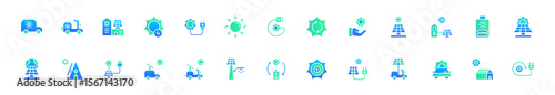 Icon set solar energy, energy powered by nature. Include electric vehicle, solar panel, solar generator, greenhouse and rechargeable device. Flat gradient and colourful icon set.