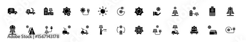 Icon set solar energy, energy powered by nature. Include electric vehicle, solar panel, solar generator, greenhouse and rechargeable device. Glyph and solid icon set.