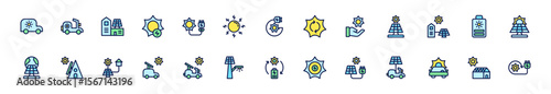Icon set solar energy, energy powered by nature. Include electric vehicle, solar panel, solar generator, greenhouse and rechargeable device. Colourful and Line color icon set.