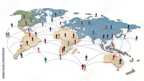 Global network of people connected across continents on a world map isolated on white background