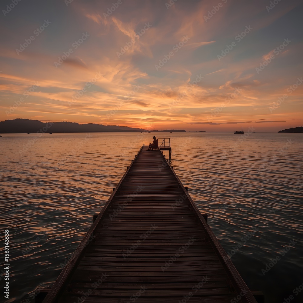 Obraz premium A solitary figure sits at the end of an old wooden pier at sunset, bathed in warm golden light with calm waters and vibrant skies, evoking peace, solitude, and reflection.