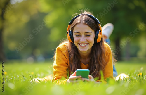 Young woman smiles listening music with headphones using smartphone outdoors in sunny park. Girl relaxing, reading text messages, enjoying leisure time, fun, communication, recreation. Happy woman