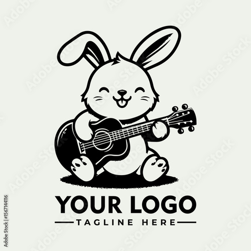 A smiling cartoon bunny cheerfully playing an acoustic guitar, logo design.