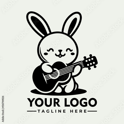 A cute cartoon bunny plays the guitar, smiling happily. Logo space below.