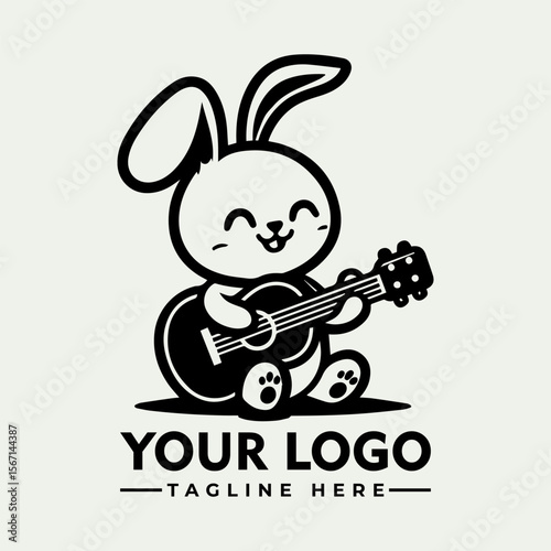 A cute cartoon bunny plays a guitar, smiling happily. Logo template with customizable text.