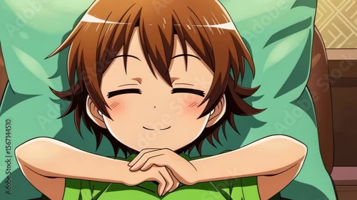 Smiling resting anime girl on the pillow: A close-up depiction of a relaxed anime girl in a restful position on a pillow, showcasing contentment and comfort.