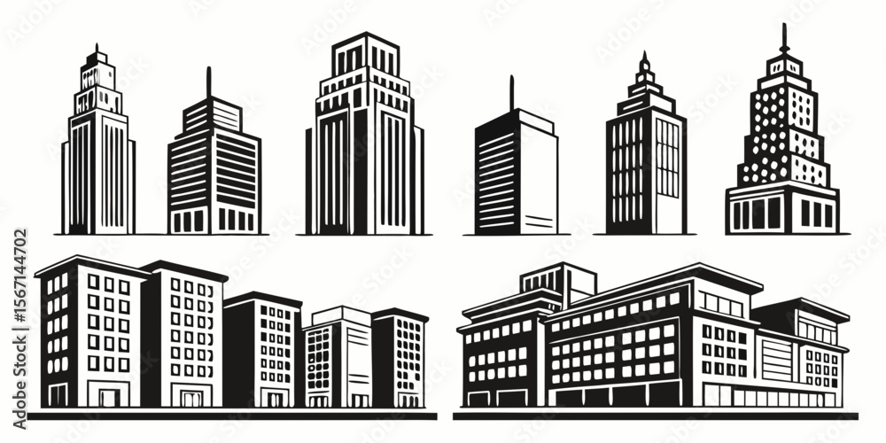 Obraz premium Collection of diverse black and white cityscape buildings isolated on white background