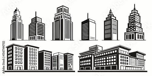 Collection of diverse black and white cityscape buildings isolated on white background