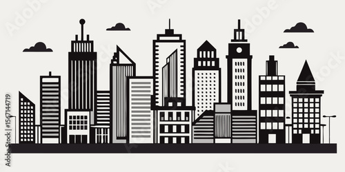 Stylized black and white cityscape silhouette with various buildings and clouds isolated on white background