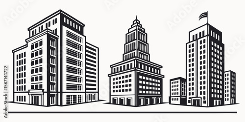 Stylized black and white illustration of diverse city skyscrapers and buildings isolated on white background