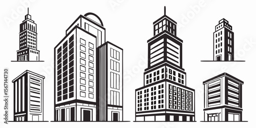 Collection of diverse modern and classic architectural building styles isolated on white background