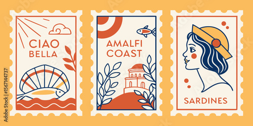Three vintage italian postage stamps featuring ciao bella amalfi coast and sardines isolated on white background