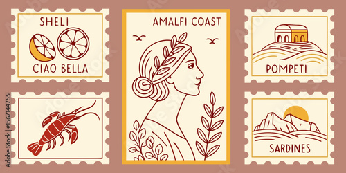 Collection of vintage italian travel stamps featuring amalfi coast symbols and landmarks isolated on white background