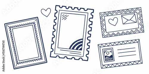 Collection of hand drawn postage stamps and envelopes with hearts and pictures isolated on white background