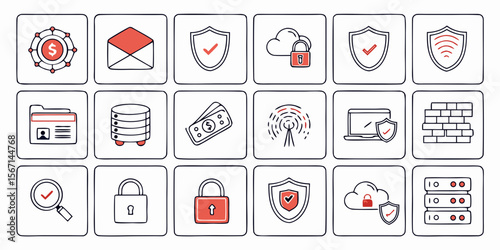 Collection of cybersecurity and data protection icons with a modern doodle style isolated on white background