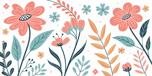 A whimsical collection of coral blue and orange flowers and leaves isolated on white background