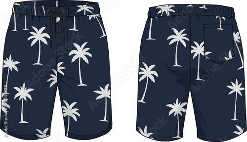 Technical fashion sketch, palm tree shorts, front back views, drawstring waistband, tropical print, rear pocket, summer beachwear, garment template, vector illustration, black white