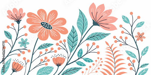 Delicate coral and teal floral arrangement with berries and leaves isolated on white background