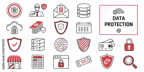 Collection of data protection icons featuring shields security and financial elements isolated on white background