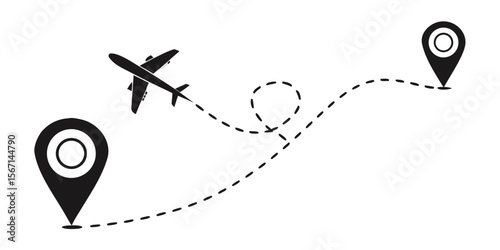 Airplane flying along a dashed route between two location pins isolated on white background