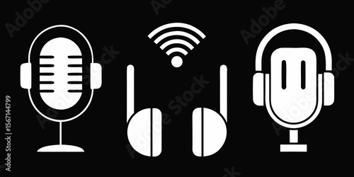 Three white podcasting icons including a microphone headphones with wifi signal and another microphone isolated on white background