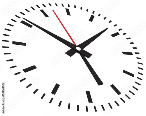 Close up of a clock face with black hour and minute hands and a red second hand isolated on white background
