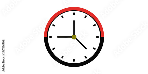 Simple cartoon clock with red and black markings indicating time passing isolated on white background