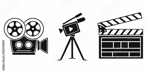 Vintage film projector modern video camera on tripod and clapperboard icons isolated on white background