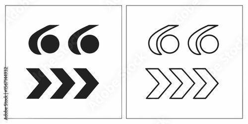 Two graphic representations of quotation marks and chevron arrows isolated on white background
