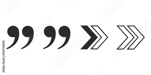 Black quotation marks and chevron arrows pointing right isolated on white background