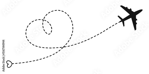 Silhouette of an airplane flying a dashed line route forming a heart shape isolated on white background