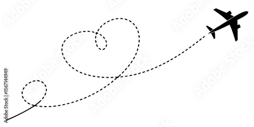 Black silhouette of an airplane flying a dashed heart shaped route isolated on white background