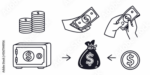 Collection of hand drawn financial icons including money coins safe and hands exchanging currency isolated on white background