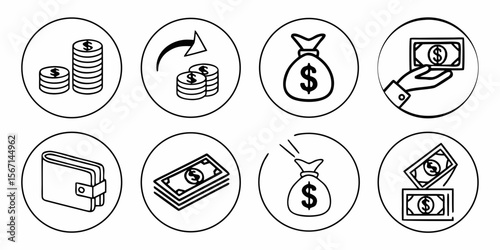 Collection of financial icons representing money coins wallet and cash transactions isolated on white background