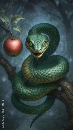 A metaphor for temptation, manipulation, and moral conflict. The serpent and the forbidden fruit evoke the timeless struggle between desire and restraint — the shadow whispering within.

