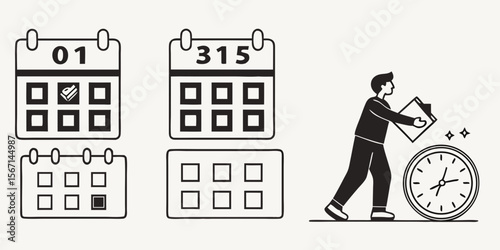 Man with clipboard and clock next to calendars representing planning and scheduling isolated on white background