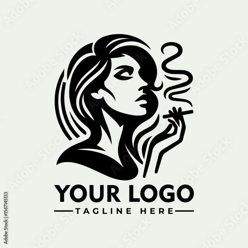 Stylized illustration of a woman smoking, with flowing hair and a logo placeholder at the bottom.